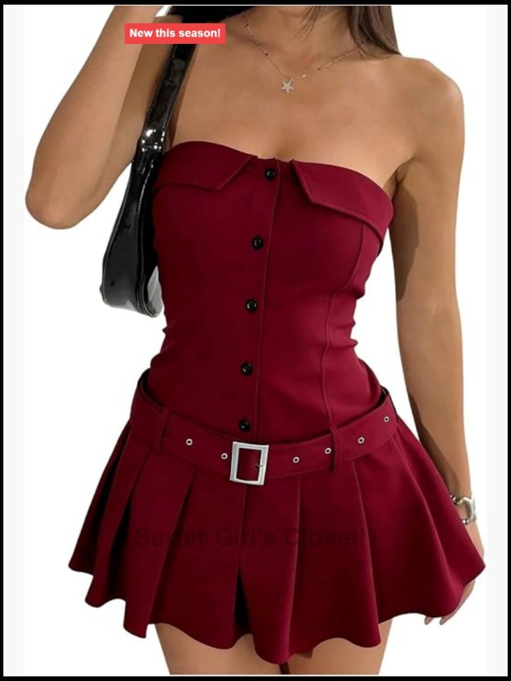 Y2K Strapless Pleated Mini Dress Drop Waist Button Up Belted Tube Dress